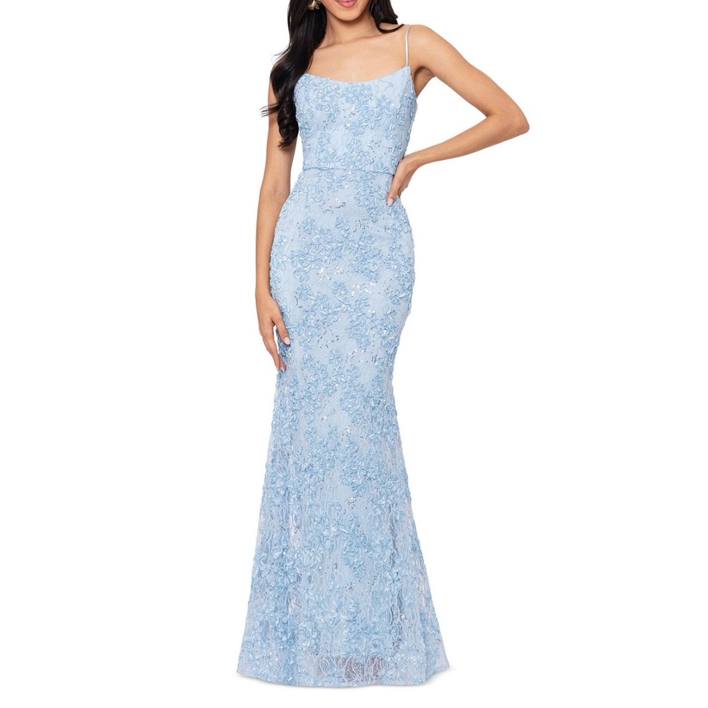 Xscape Light Blue Lace Maxi Dress